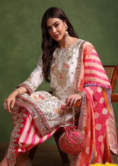 Women's Chinon Silk Embroidery White Color Kurta Dhoti Pant With Dupatta