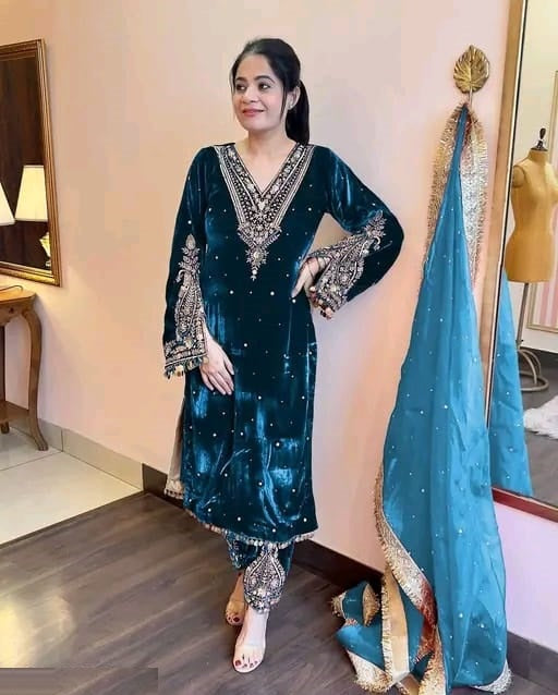 Women's Velvet Embroidery Blue Color Kurta Pant With Dupatta