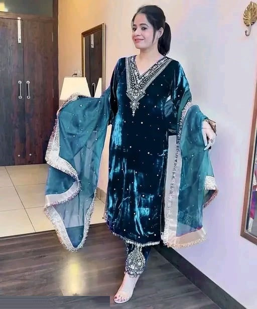 Women's Velvet Embroidery Blue Color Kurta Pant With Dupatta