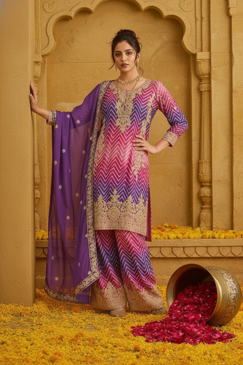 Women's Designer Chinon Silk Pink-Purple Color Embroidery Straight Kurta Sharara with Dupatta Set