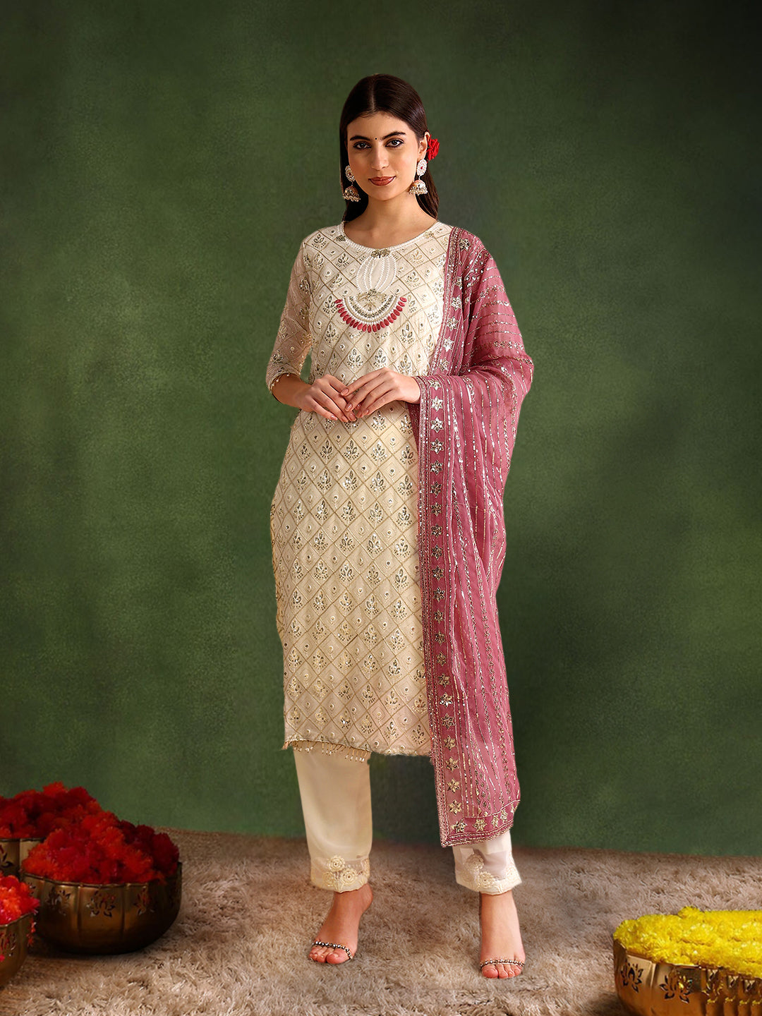 Women's Georgette Embroidery Peach Color Kurta Pant With Dupatta