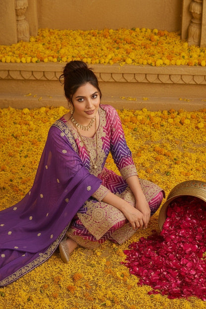 Women's Designer Chinon Silk Pink-Purple Color Embroidery Straight Kurta Sharara with Dupatta Set