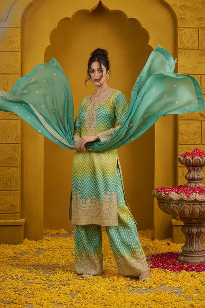 Women's Chinon Silk Embroidery Green-Yellow Color Kurta Sharara With Dupatta