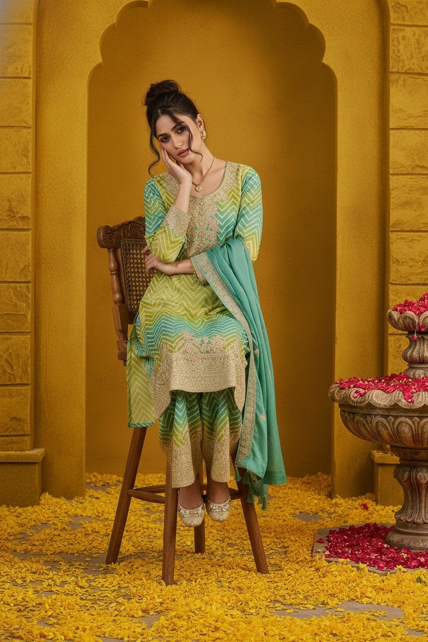 Women's Chinon Silk Embroidery Green-Yellow Color Kurta Sharara With Dupatta