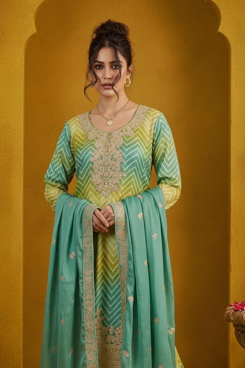 Women's Chinon Silk Embroidery Green-Yellow Color Kurta Sharara With Dupatta