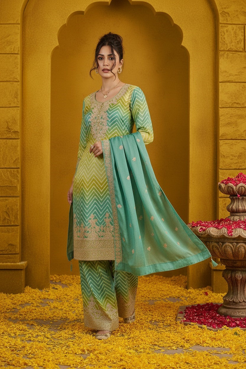 Women's Chinon Silk Embroidery Green-Yellow Color Kurta Sharara With Dupatta