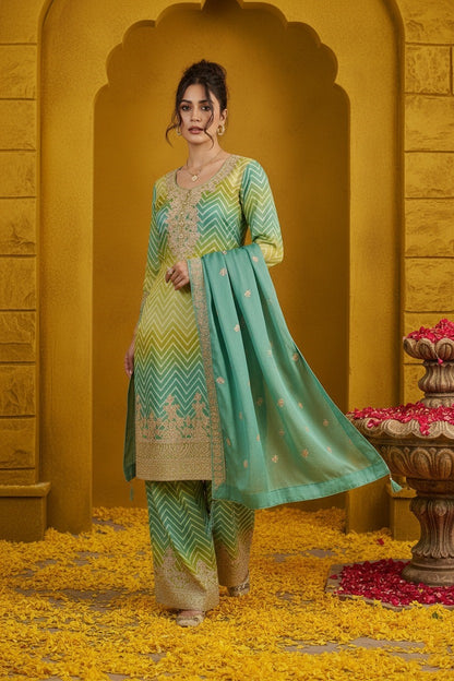 Women's Chinon Silk Embroidery Green-Yellow Color Kurta Sharara With Dupatta