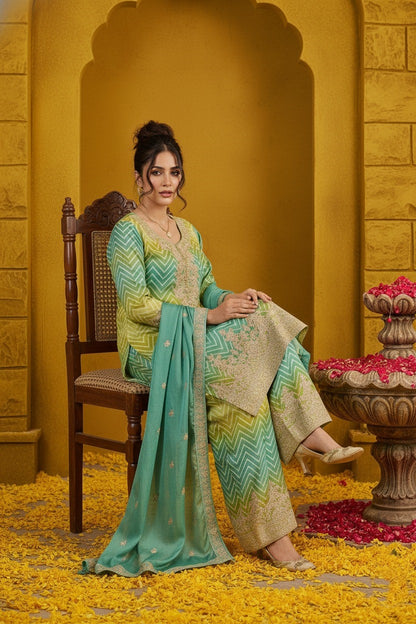 Women's Chinon Silk Embroidery Green-Yellow Color Kurta Sharara With Dupatta