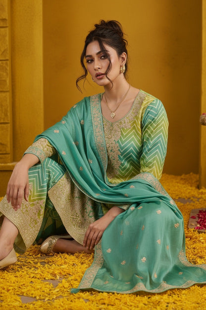 Women's Chinon Silk Embroidery Green-Yellow Color Kurta Sharara With Dupatta
