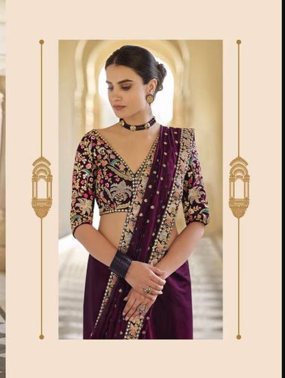 Women's Embroidery Georgette Purple Color Saree With Unstitch Dhupian Silk Blouse