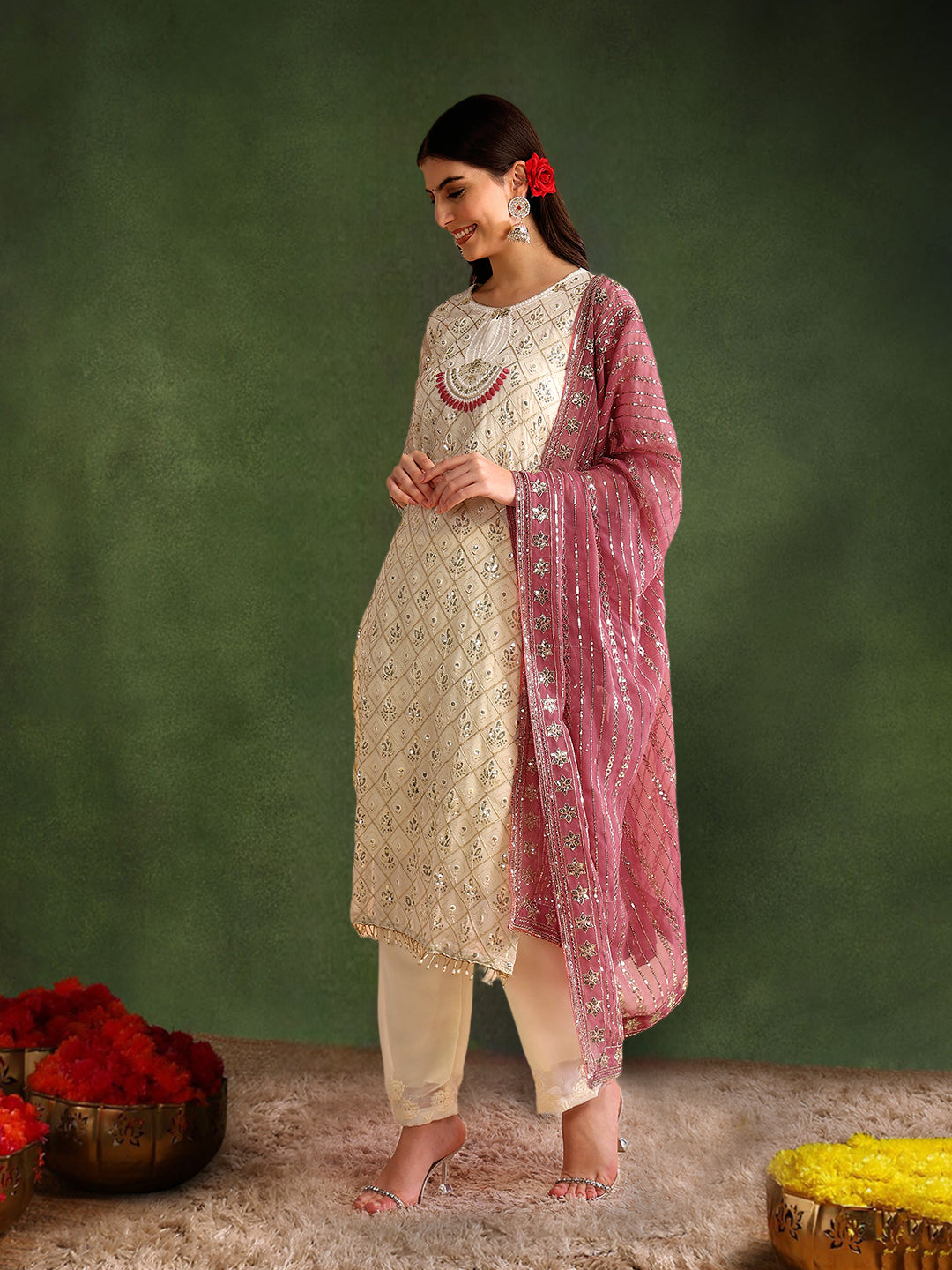 Women's Georgette Embroidery Peach Color Kurta Pant With Dupatta