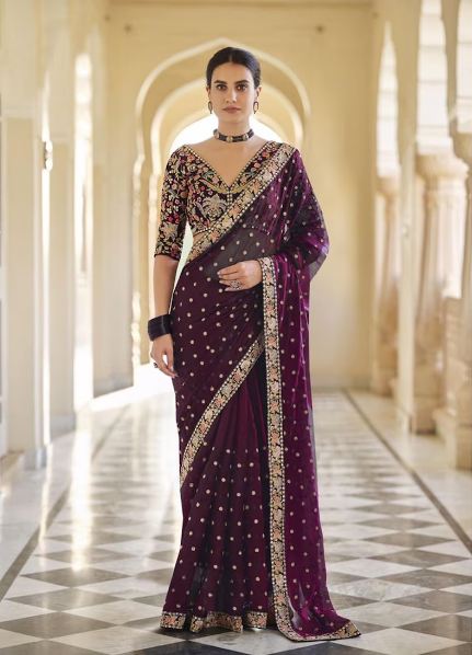 Women's Embroidery Georgette Purple Color Saree With Unstitch Blouse