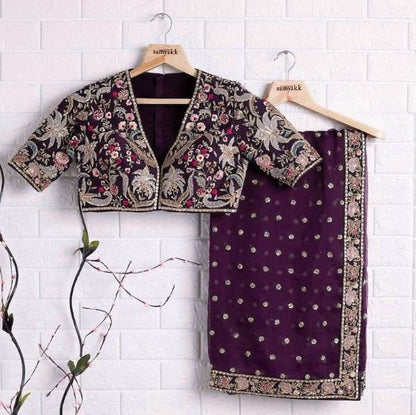 Women's Embroidery Georgette Purple Color Saree With Unstitch Dhupian Silk Blouse