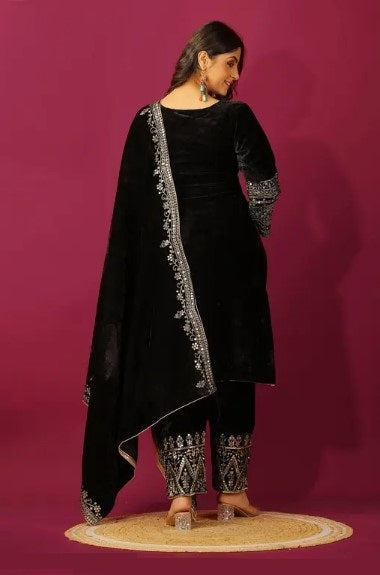 Women's Velvet Embroidery Black Color Kurta Pant With Dupatta