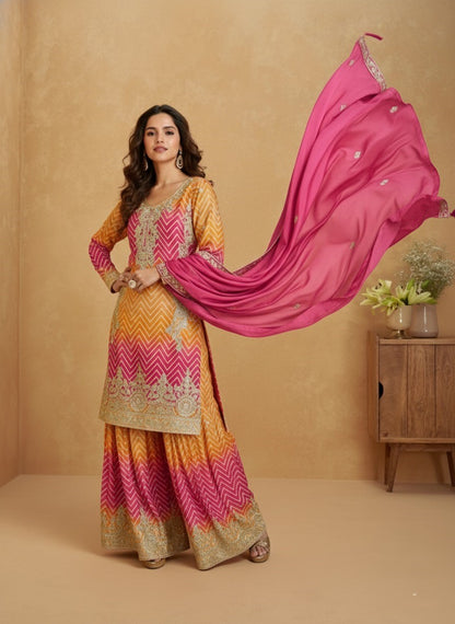 Women's Designer Chinon Silk Yellow-Pink Color Embroidery Straight Kurta Sharara with Dupatta Set