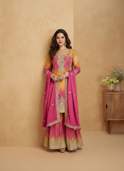 Women's Designer Chinon Silk Yellow-Pink Color Embroidery Straight Kurta Sharara with Dupatta Set