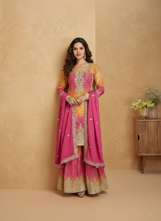 Women's Designer Chinon Silk Yellow-Pink Color Embroidery Straight Kurta Sharara with Dupatta Set