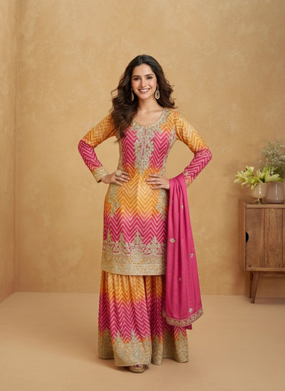 Women's Designer Chinon Silk Yellow-Pink Color Embroidery Straight Kurta Sharara with Dupatta Set