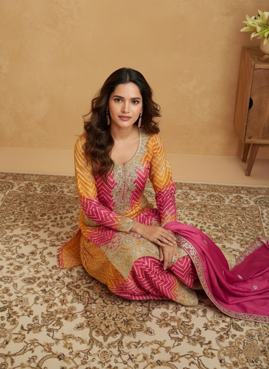 Women's Designer Chinon Silk Yellow-Pink Color Embroidery Straight Kurta Sharara with Dupatta Set