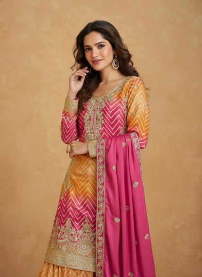 Women's Designer Chinon Silk Yellow-Pink Color Embroidery Straight Kurta Sharara with Dupatta Set