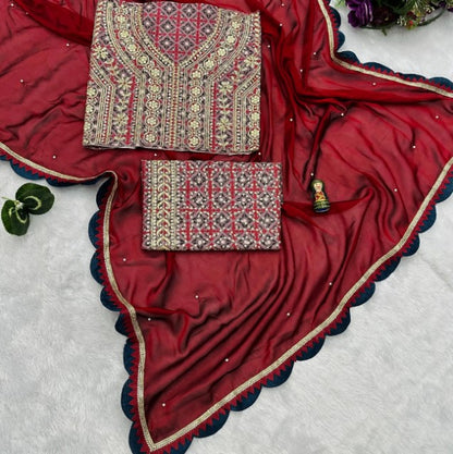 Women's Embroidery Vichitra Silk Red Color Saree With Dupion Silk Unstitch Blouse