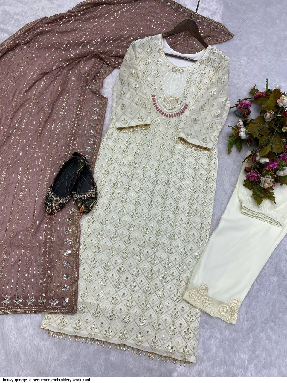 Women's Georgette Embroidery White Color Kurta Pant With Dupatta