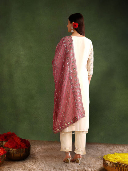 Women's Georgette Embroidery Peach Color Kurta Pant With Dupatta