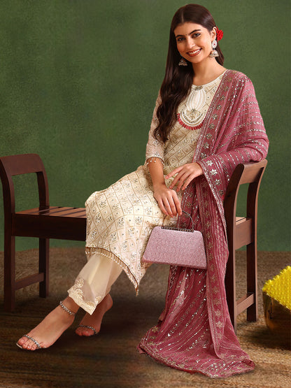 Women's Georgette Embroidery Peach Color Kurta Pant With Dupatta