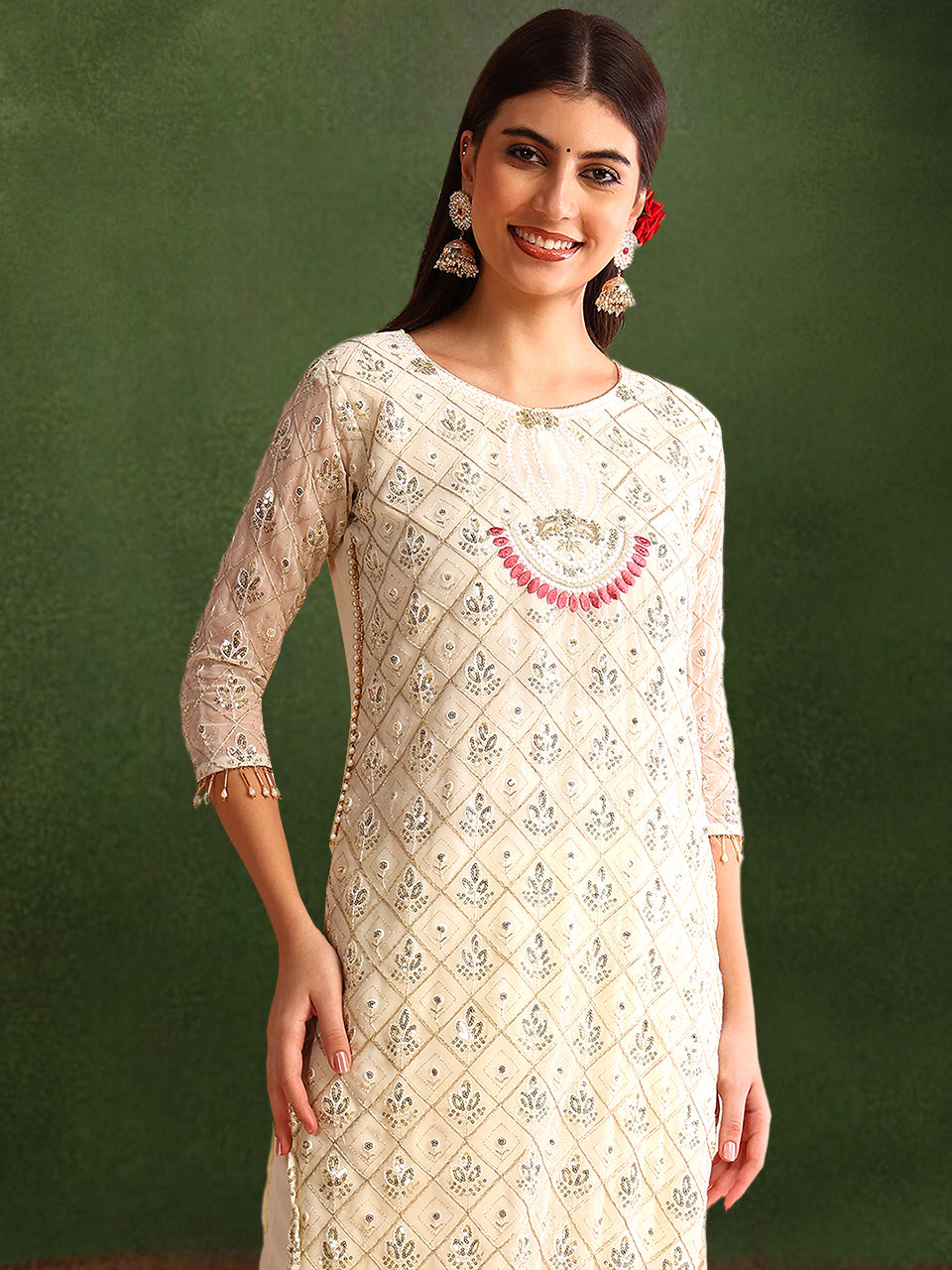 Women's Georgette Embroidery Peach Color Kurta Pant With Dupatta