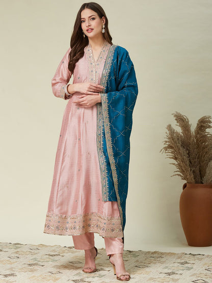 Women's Designer Vichitra Silk Pink Color Embroidery Anarkali Kurta Pant with Dupatta Set