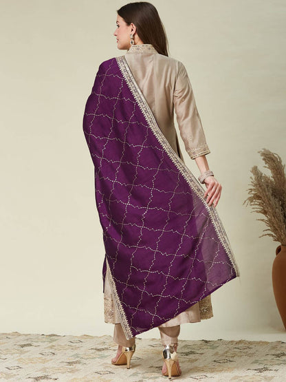 Women's Designer Vichitra Silk Cream Color Embroidery Anarkali Kurta Pant with Dupatta Set