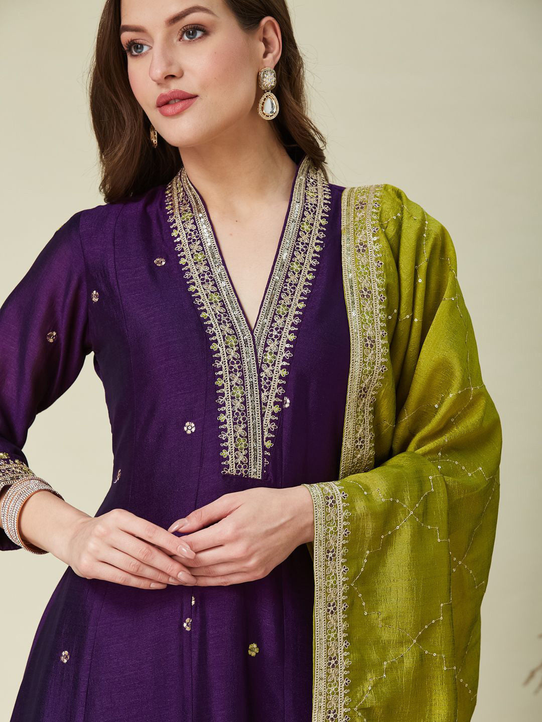 Women's Designer Vichitra Silk Purple Color Embroidery Anarkali Kurta Pant with Dupatta Set