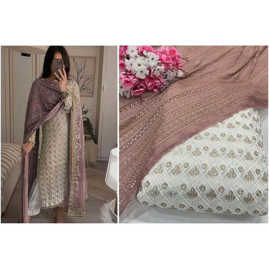 Women's Georgette Embroidery White Color Kurta Pant With Dupatta