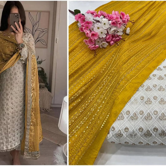 Women's Georgette Embroidery Yellow Color Kurta Pant With Dupatta