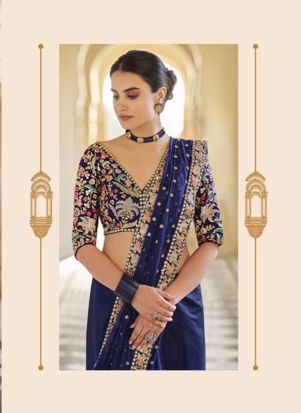 Women's Embroidery Georgette Blue Color Saree With Unstitch Blouse