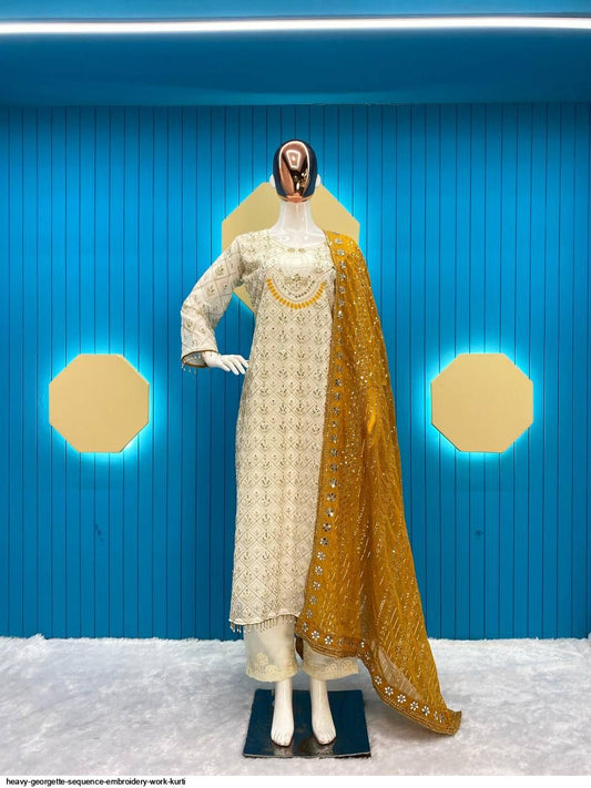 Women's Georgette Embroidery Yellow Color Kurta Pant With Dupatta