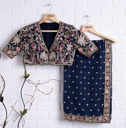 Women's Embroidery Georgette Purple Color Saree With Unstitch Dhupian Silk Blouse