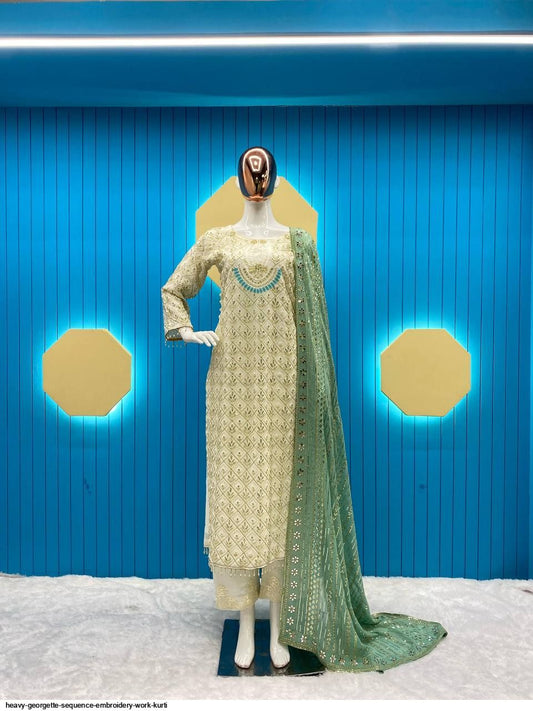 Women's Georgette Embroidery Green Color Kurta Pant With Dupatta