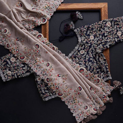 Women's Embroidery Vichitra Silk Peach Color Saree With Unstitch Blouse