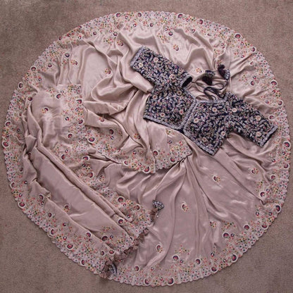 Women's Embroidery Vichitra Silk Peach Color Saree With Unstitch Blouse