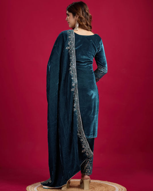 Women's Velvet Embroidery Teal Color Kurta Pant With Dupatta
