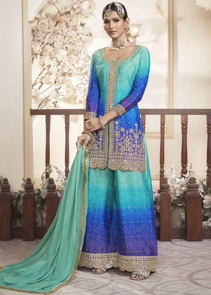 Women's Chinon Silk Embroidery Blue Color Kurta Sharara With Dupatta