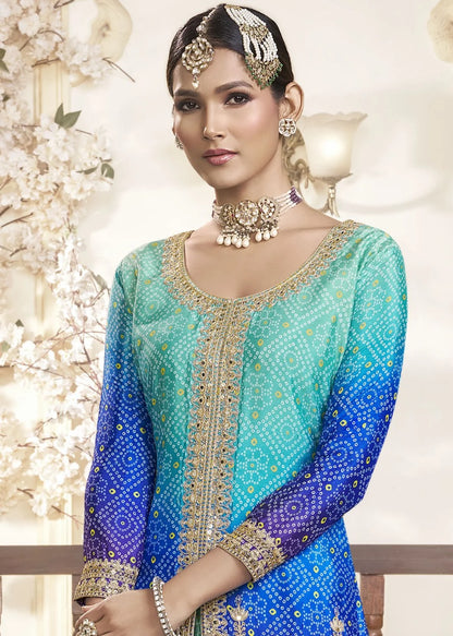 Women's Chinon Silk Embroidery Blue Color Kurta Sharara With Dupatta