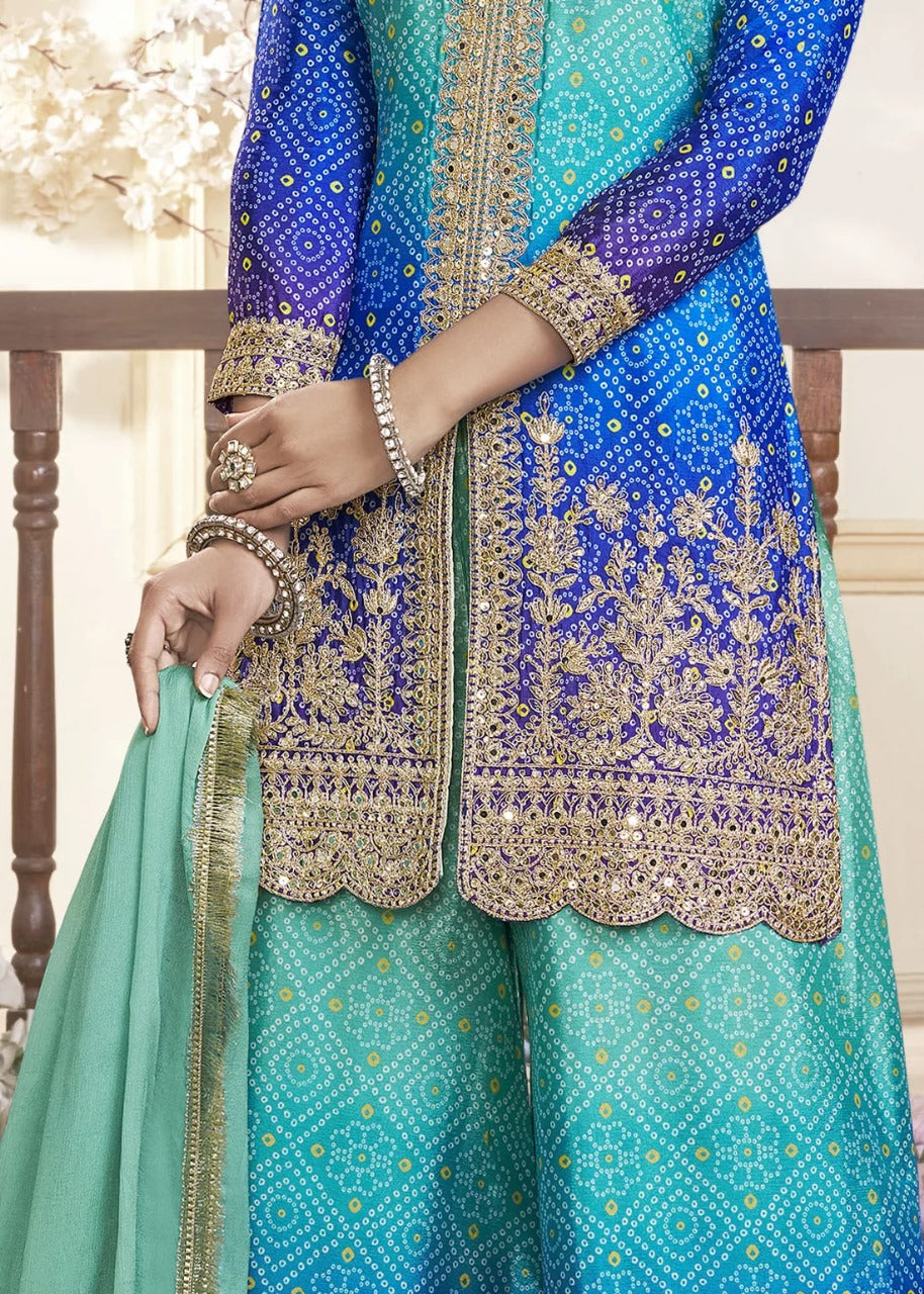 Women's Chinon Silk Embroidery Blue Color Kurta Sharara With Dupatta