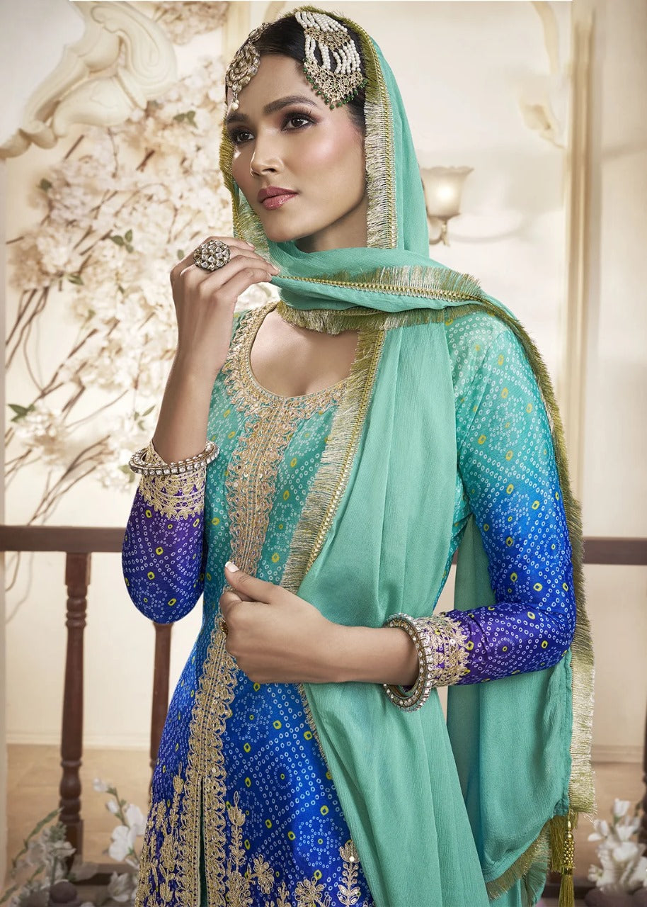 Women's Chinon Silk Embroidery Blue Color Kurta Sharara With Dupatta