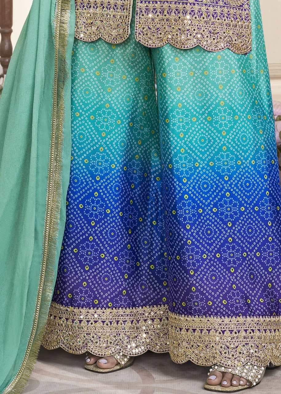 Women's Chinon Silk Embroidery Blue Color Kurta Sharara With Dupatta