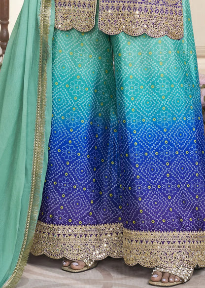 Women's Chinon Silk Embroidery Blue Color Kurta Sharara With Dupatta