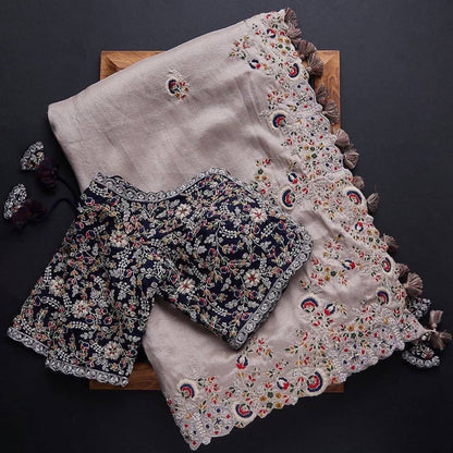 Women's Embroidery Vichitra Silk Peach Color Saree With Unstitch Blouse