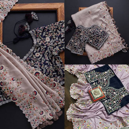 Women's Embroidery Vichitra Silk Peach Color Saree With Unstitch Blouse