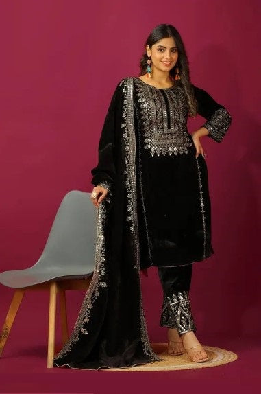 Women's Velvet Embroidery Black Color Kurta Pant With Dupatta